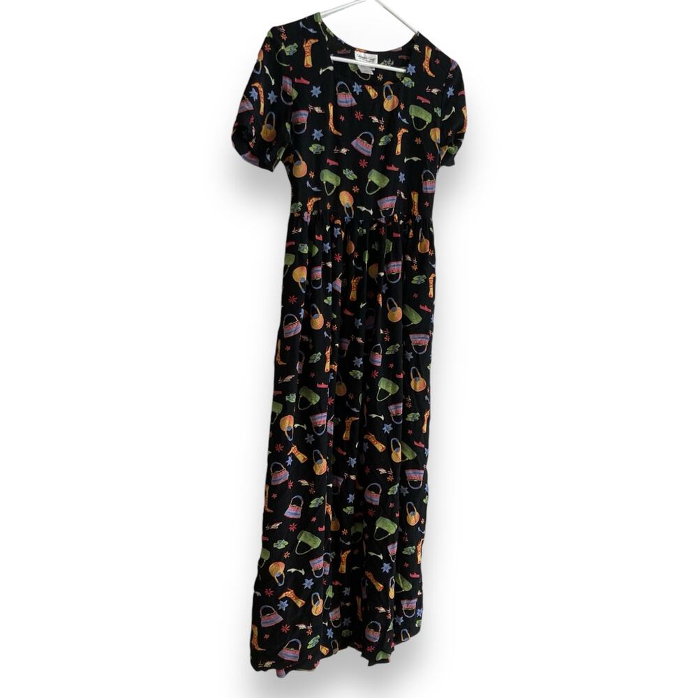 Vintage Y2K Coldwater Creek Black A-Line Dress Whimsical Print Sz Small Rayon - Picture 4 of 16